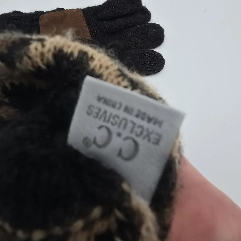 CC Exclusive Gloves Womens Black Leopard Cheetah Fleece Fur Lined Touch Screen
